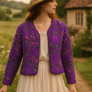 Lucia Vintage Quilted Jacket Size 14 Purple Floral Button Front Cottagecore USA